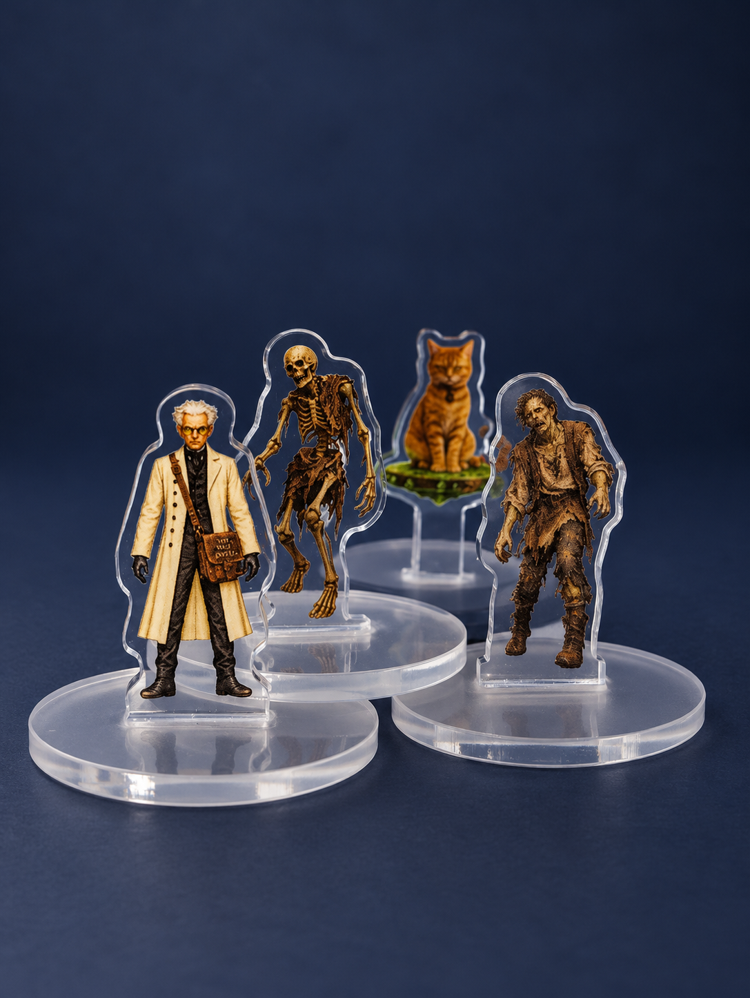 Four test standees: a white-coated adventurer, skeleton, orange cat and zombie on clear circular bases.
